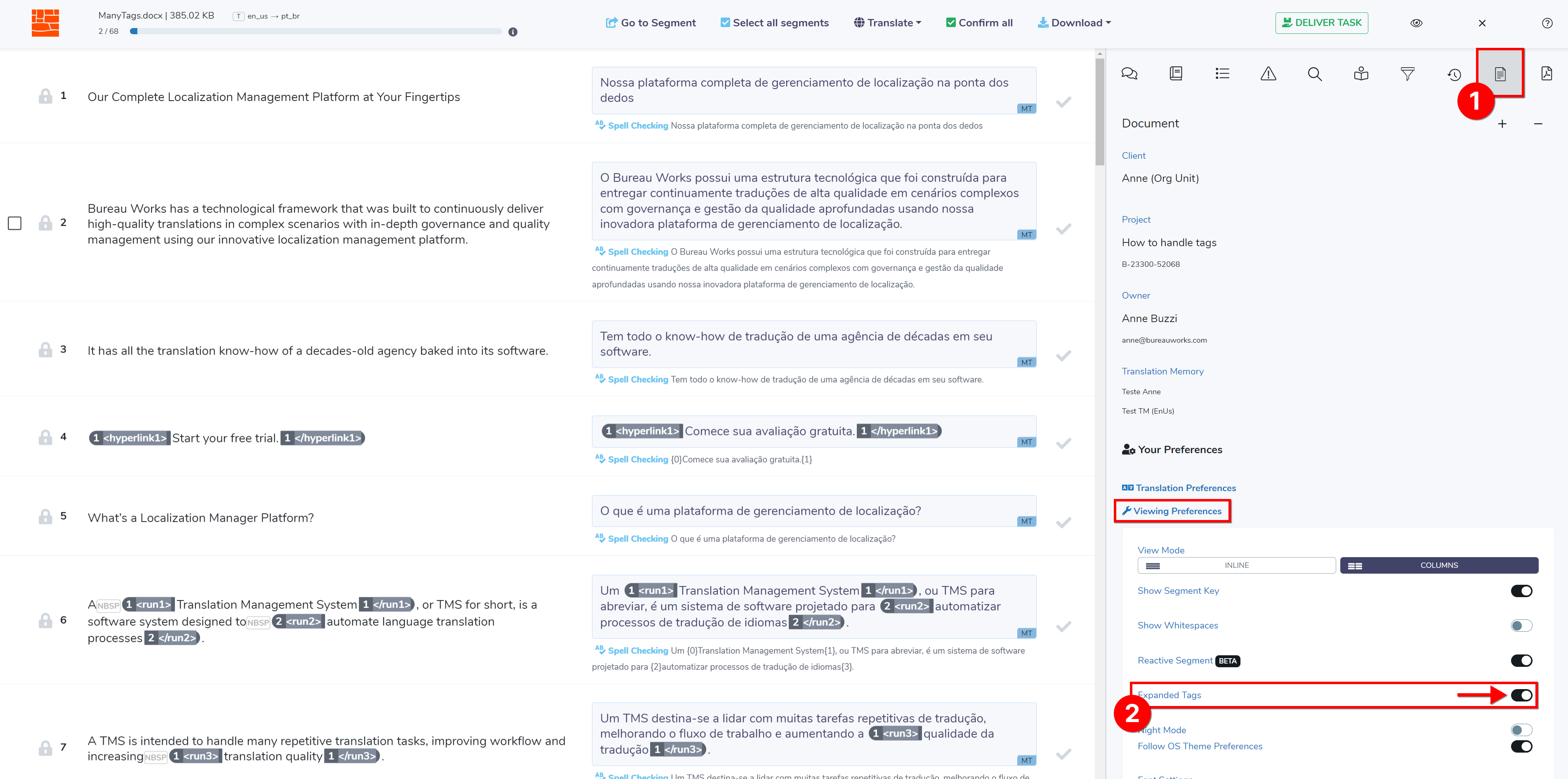 Screenshot: BureauWorks translations editor