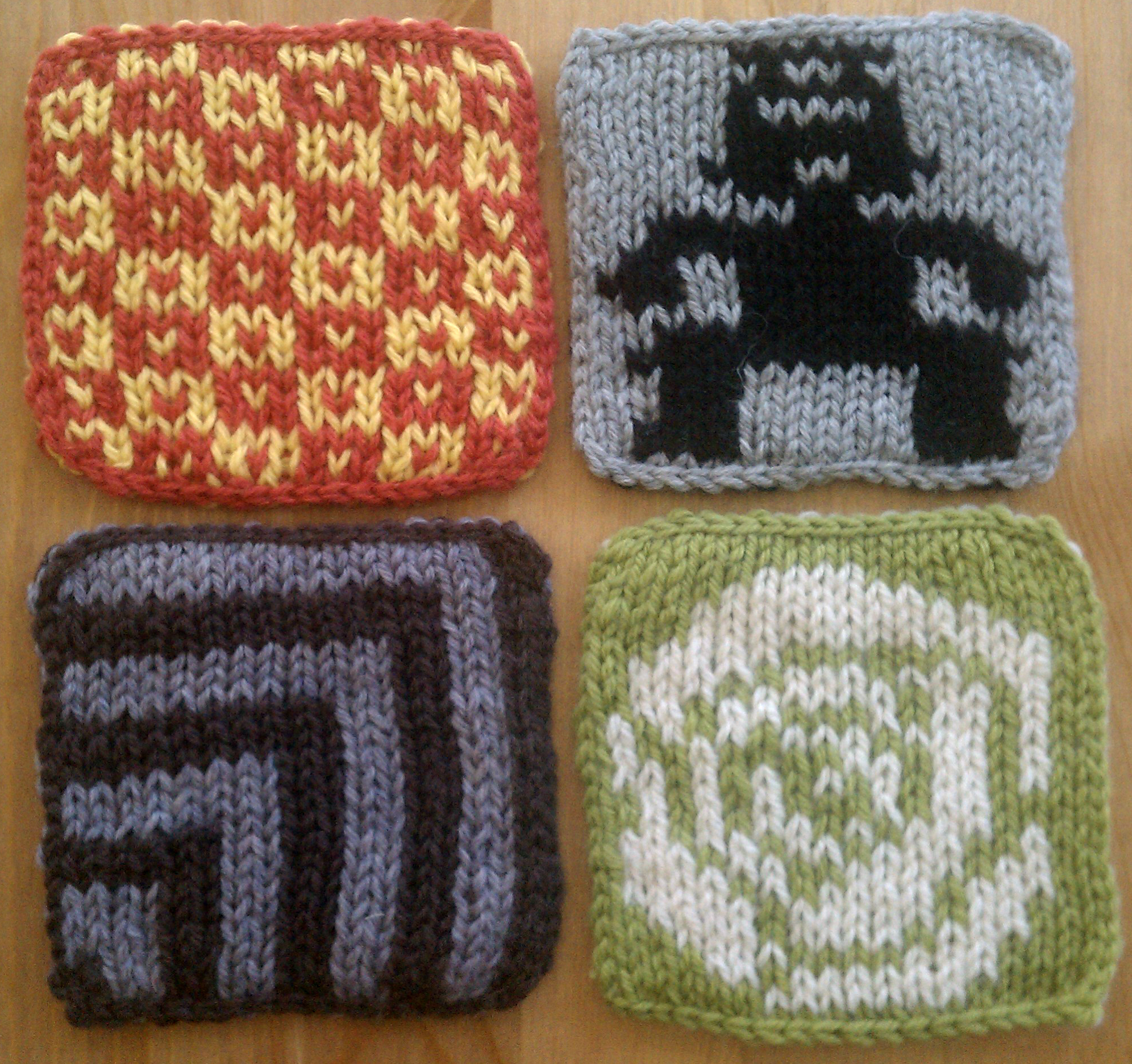 Knitted wool coasters - front/top view