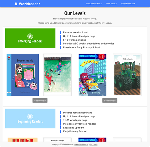 Worldreader Book Tool - Levels page