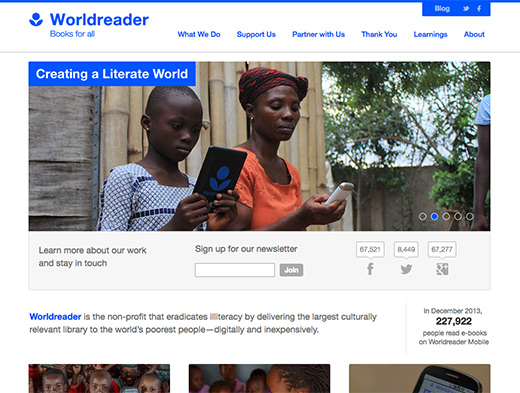 Worldreader website homepage in 2014, before redesign