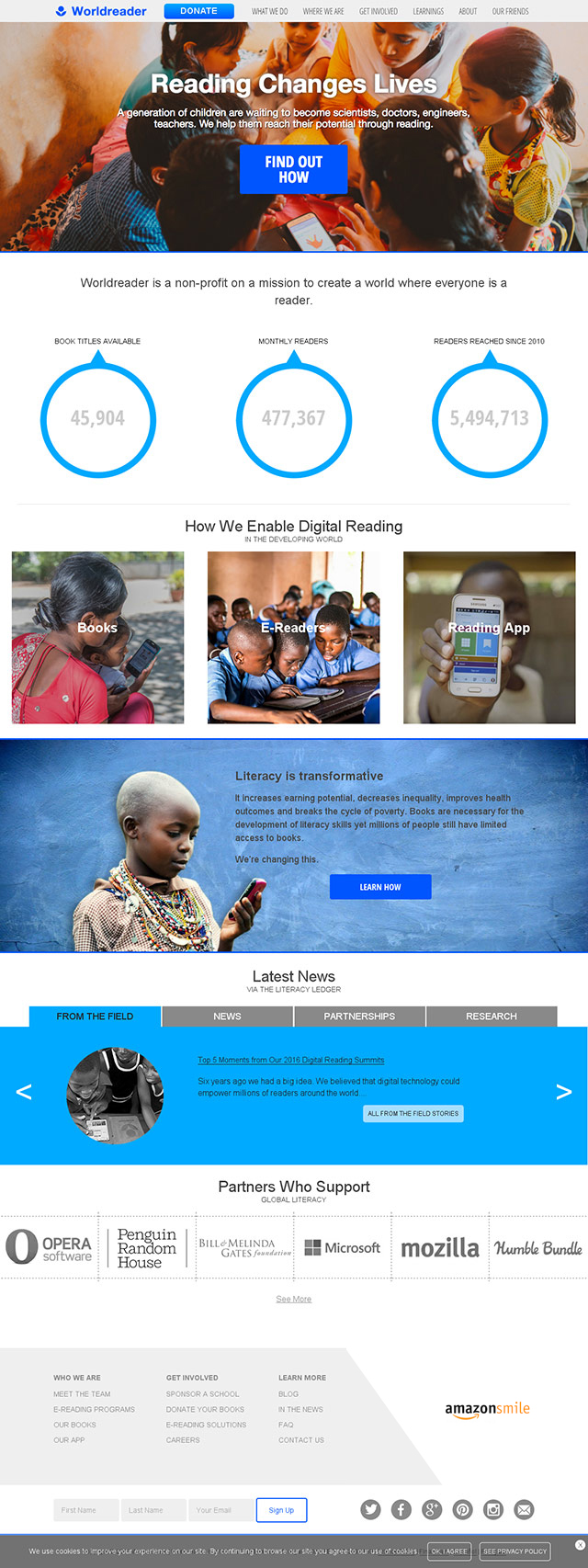 Worldreader website homepage in 2017